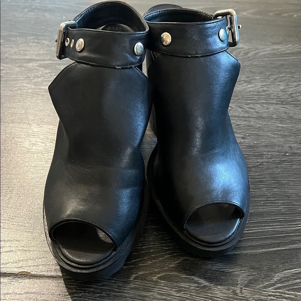 Black Leather Peep-Toe Mules (4 inches)